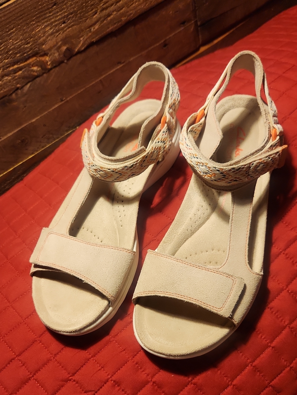 Clarks Beige Suede Slingback Comfort Sandals with Woven Ankle Strap